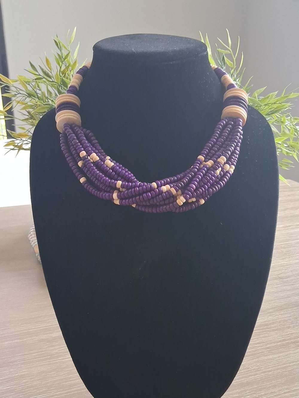 Vintage Purple and Natural Wooden Beaded Multi-Strand Statement Necklace